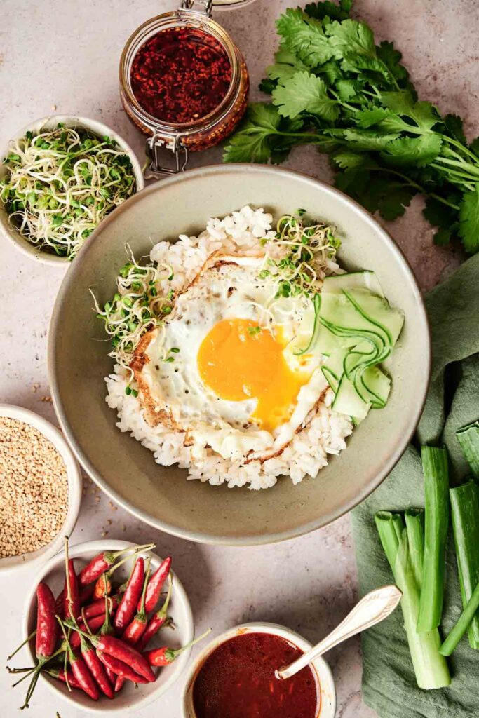 Bowl of rice topped with a fried egg, cucumber slices, and sprouts, surrounded by chili peppers, sesame seeds, green onions, coriander, and sauces.