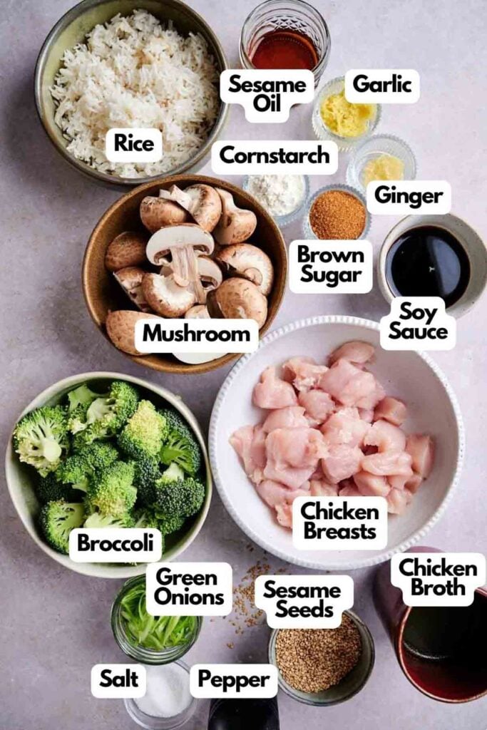 Ingredients for a dish including rice, cornstarch, mushrooms, broccoli, chicken breasts, green onions, sesame seeds, garlic, ginger, brown sugar, soy sauce, sesame oil, chicken broth, salt, and pepper.