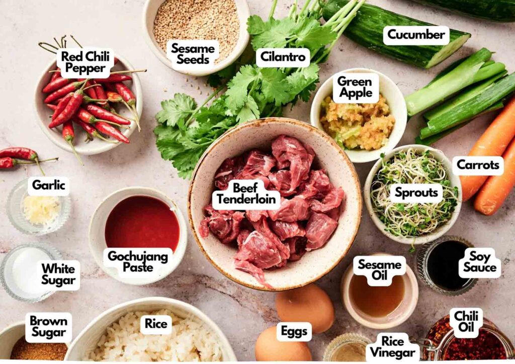 Top-down view of assorted ingredients for bibimbap in bowls and on a table, including beef tenderloin, vegetables, sauces, spices, eggs, rice, and seasonings, each labeled with text.