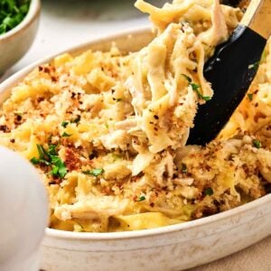 A serving of creamy chicken noodle casserole is being lifted from a white dish using tongs. The dish is garnished with chopped herbs and crumbs.