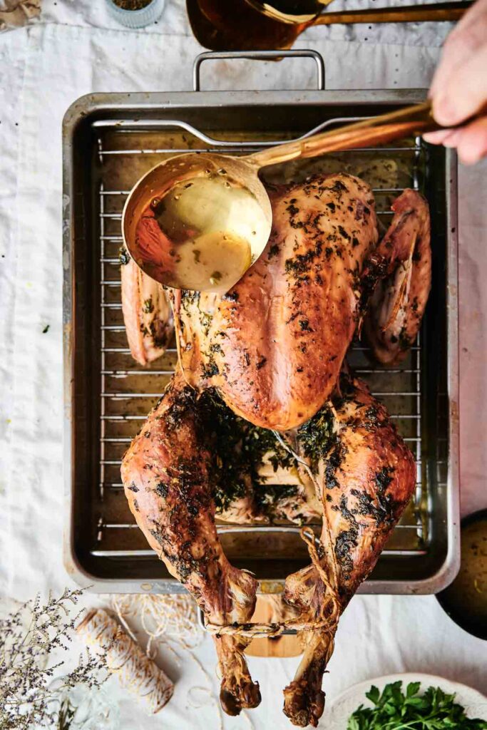 Person basting a roasted turkey with a ladle in a metal roasting pan.