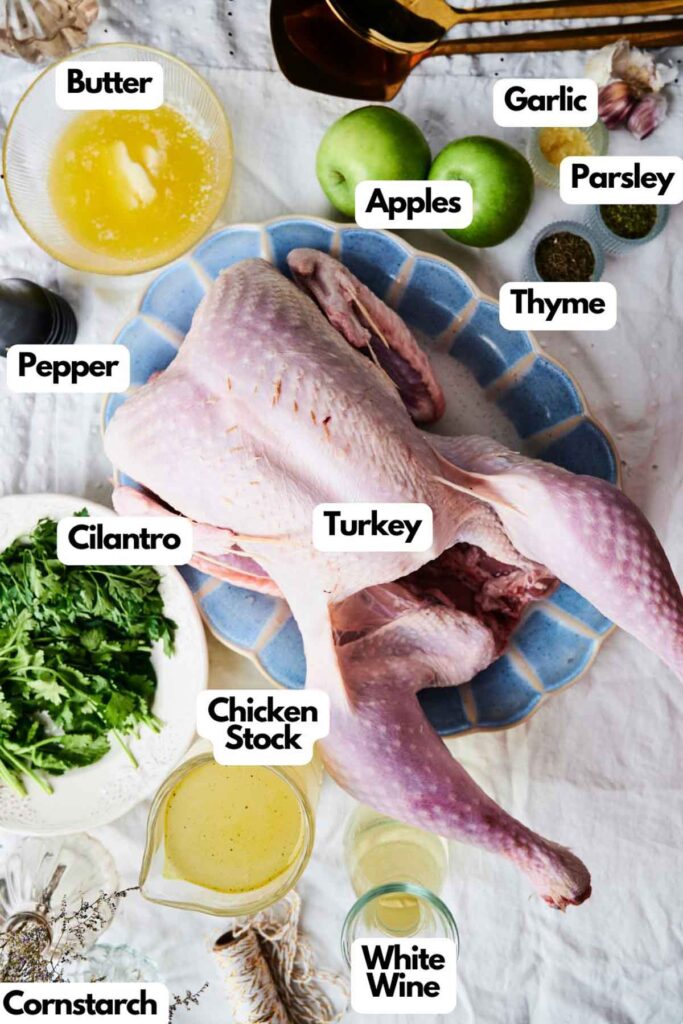 Raw turkey on a plate surrounded by ingredients like apples, butter, garlic, parsley, thyme, pepper, cilantro, chicken stock, white wine, and cornstarch on a table.