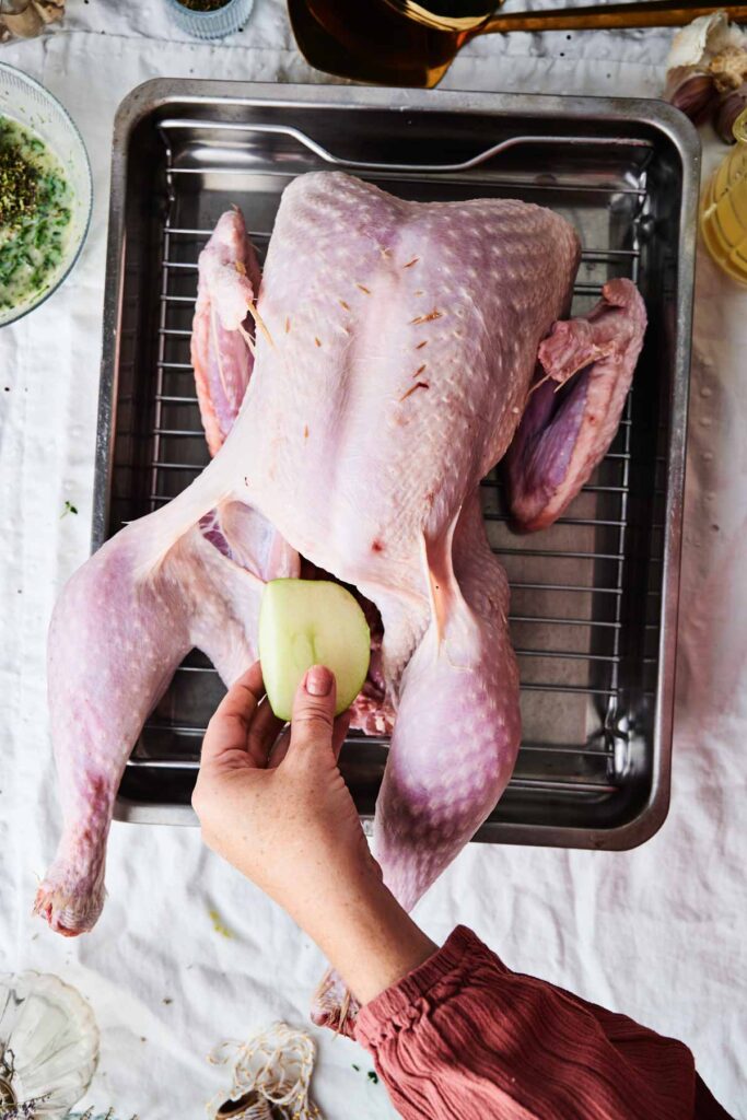 A person is placing a peeled onion inside a raw turkey on a roasting pan.
