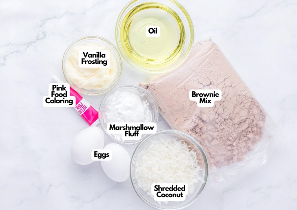 Bowls and containers of oil, vanilla frosting, marshmallow fluff, shredded coconut, pink food coloring, eggs, and a bag of brownie mix on a white surface&mdash;everything you need to make delicious Pink Snoball Brownies.