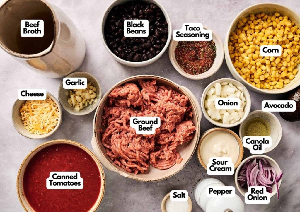 Various labeled ingredients for a taco soup recipe are arranged on a countertop, including ground beef, black beans, corn, canned tomatoes, cheese, avocado, and seasonings.
