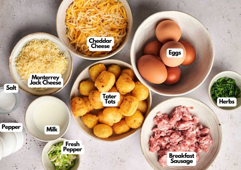 Bowls containing cheddar cheese, monterrey jack cheese, eggs, tater tots, herbs, breakfast sausage, salt, pepper, milk, and fresh pepper—perfect for making a delicious tater tot breakfast casserole—are arranged on a light surface with labels.