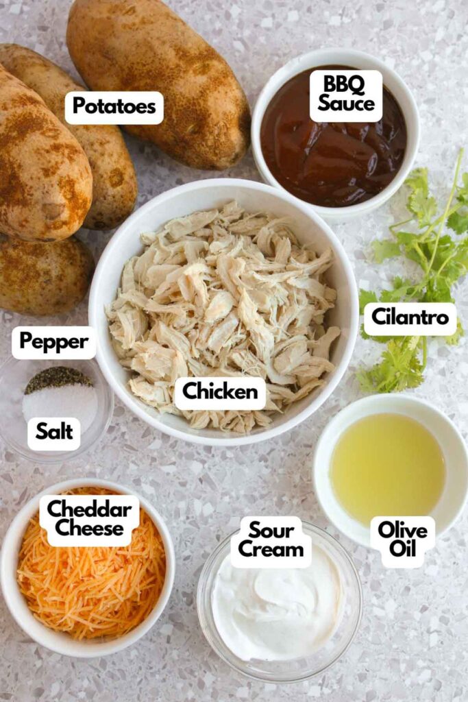 Ingredients laid out on a counter for BBQ chicken stuffed potatoes: potatoes, BBQ sauce, cilantro, shredded chicken, salt, pepper, cheddar cheese, sour cream, and olive oil.