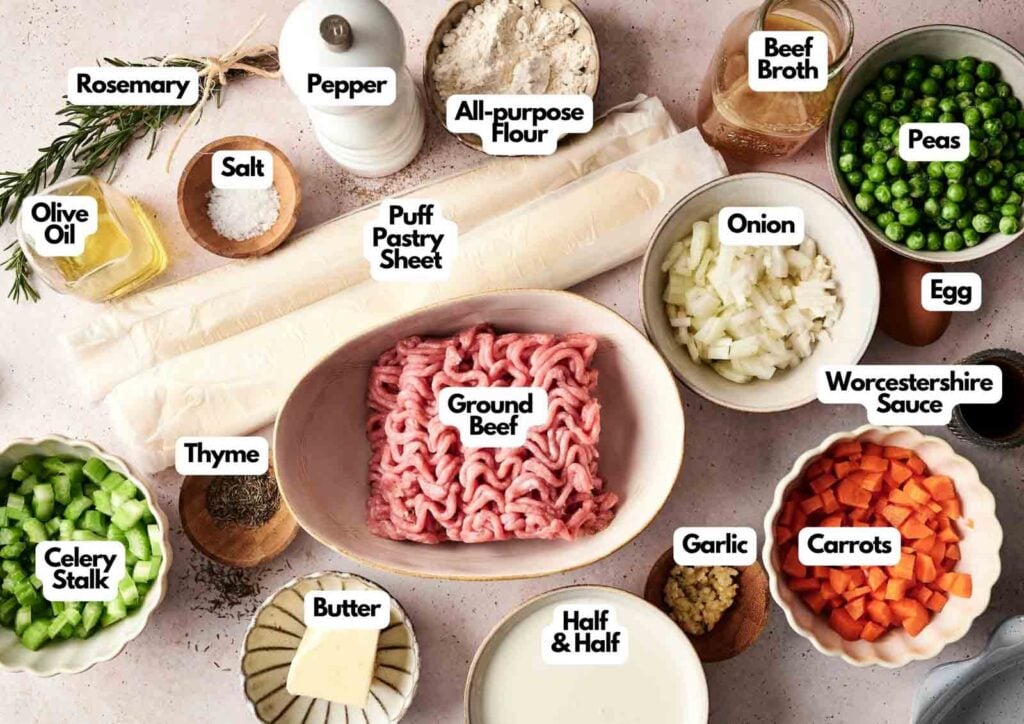 Ingredients for a Beef Pot Pie recipe are arranged on a table, including ground beef, vegetables, herbs, puff pastry, and seasonings, each labeled with its name.