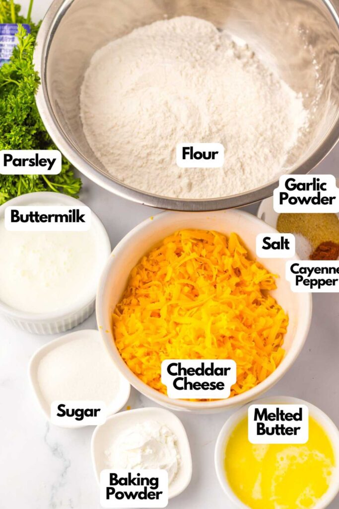 Ingredients for cheddar bay biscuits, including flour, garlic powder, buttermilk, salt, cayenne pepper, sugar, baking powder, parsley, cheddar cheese, and melted butter on a countertop.
