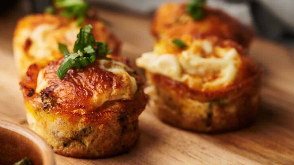 Cheese and herb muffins topped with fresh green herbs on a wooden surface.