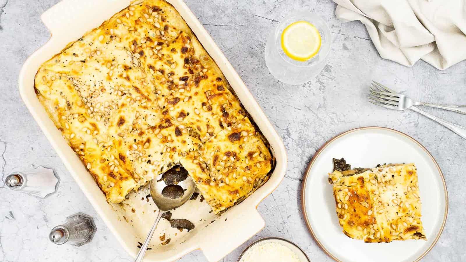 A casserole dish with a slice of cheese on it.