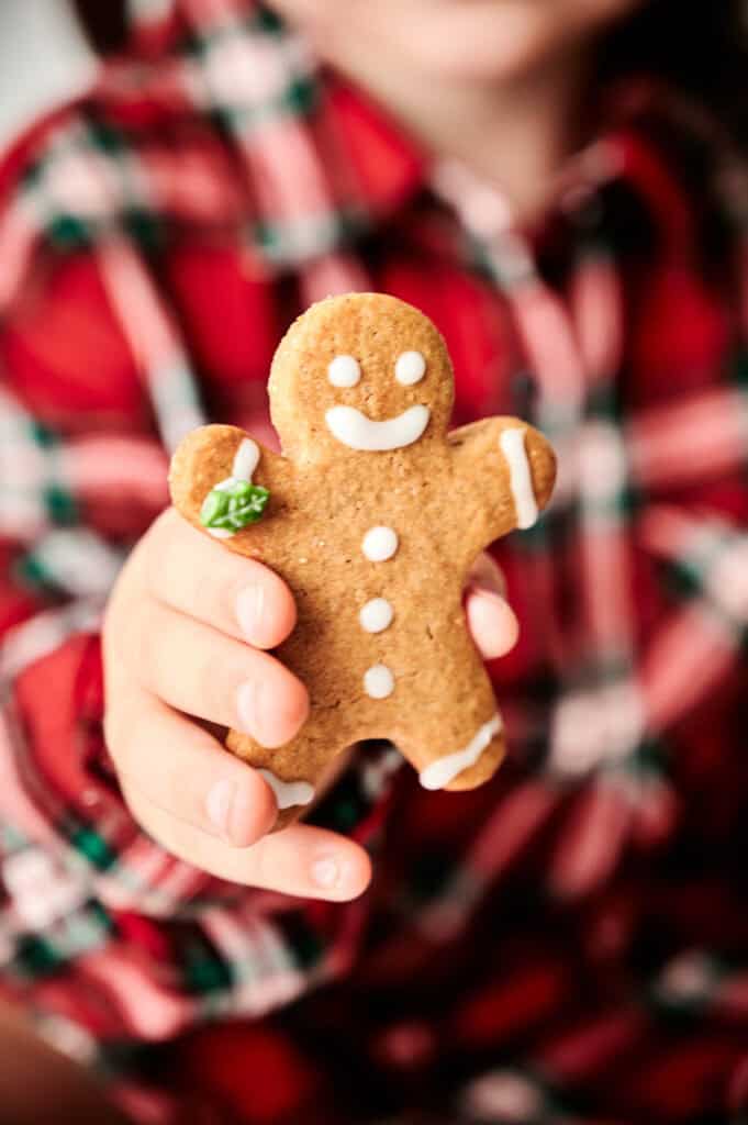 A person in a red plaid shirt holds a gingerbread cookie shaped like a person with icing decorations.