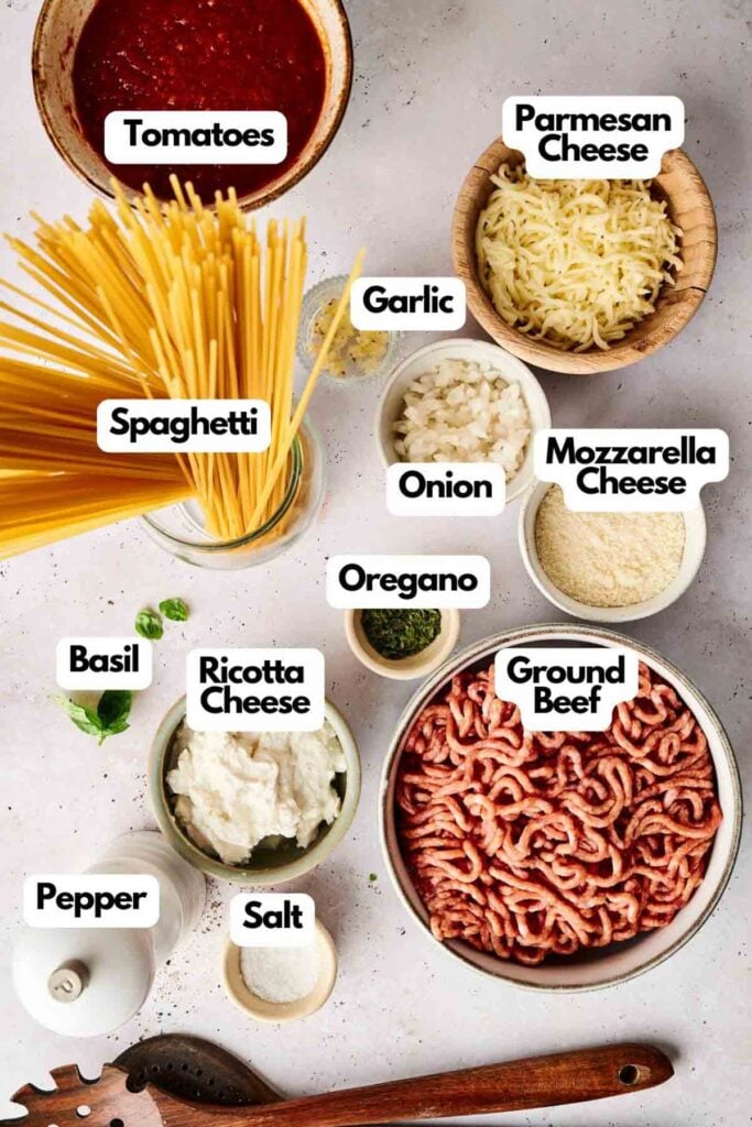 Ingredients for spaghetti: tomatoes, spaghetti, garlic, onion, basil, oregano, ground beef, Parmesan cheese, mozzarella cheese, ricotta cheese, pepper, salt.