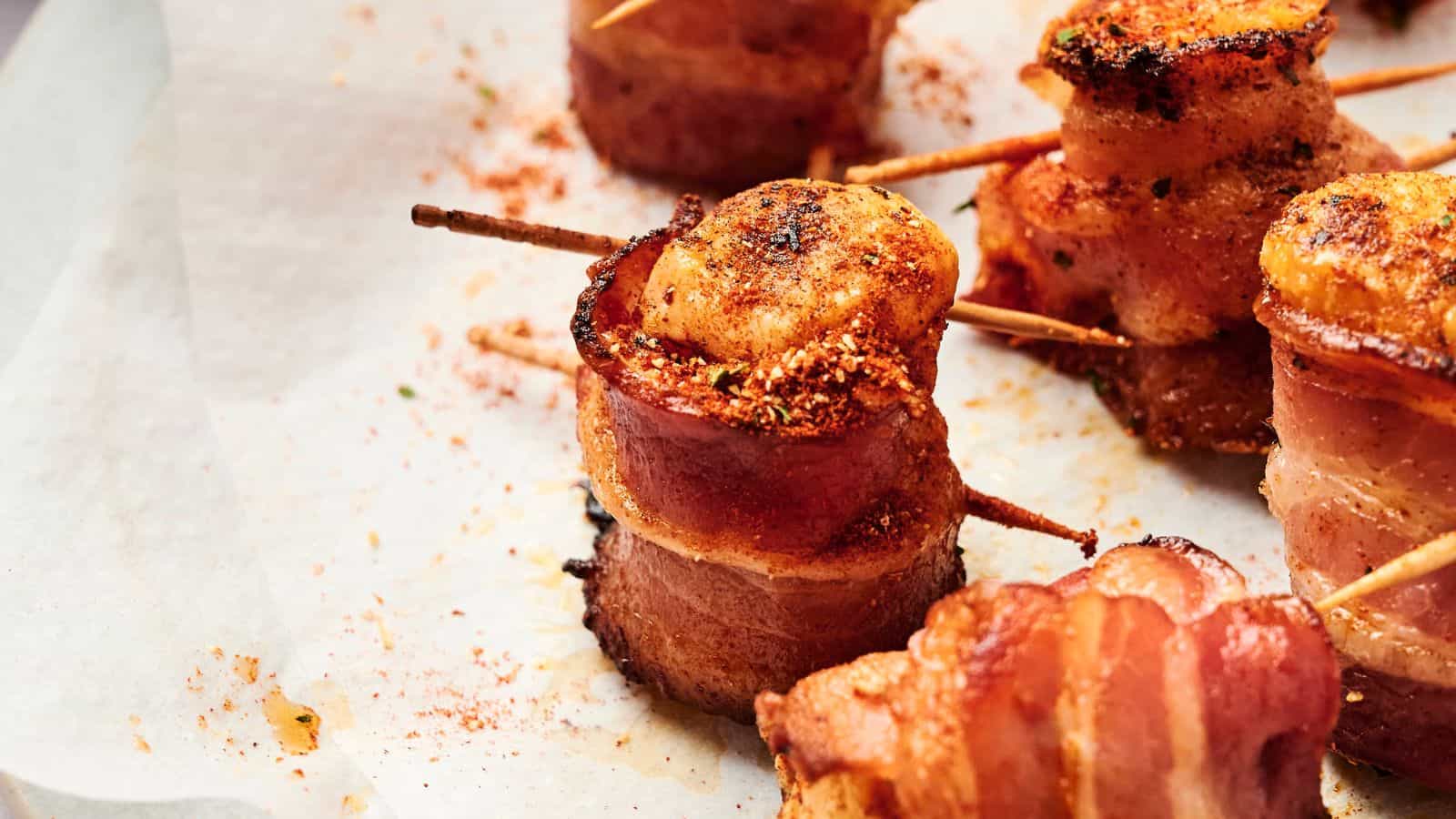 Close-up of shrimp wrapped in bacon secured with toothpicks, on a parchment-lined surface, seasoned with spices.