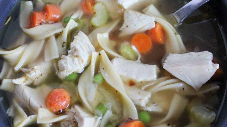 A bowl of chicken noodle soup with carrots, celery, and chunks of chicken in broth.