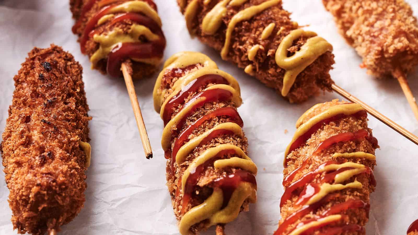 Several breaded and fried corn dogs on sticks, drizzled with mustard and ketchup, placed on white crumpled paper.