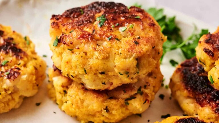 A close-up of three golden-brown crab cakes stacked on a plate, garnished with parsley.