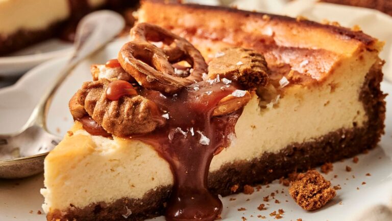A slice of cheesecake topped with pretzels, pecans, and caramel sauce, on a plate with a spoon beside it.