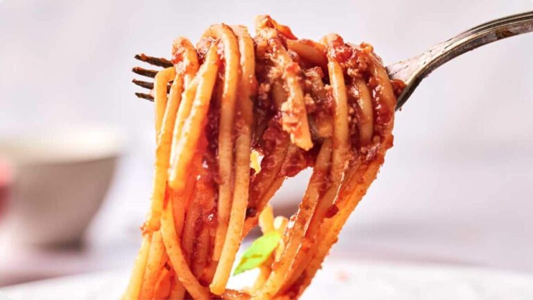 Fork holding spaghetti with tomato sauce and bits of meat.