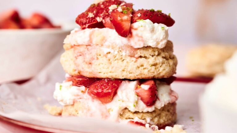 A close-up of a strawberry shortcake, featuring biscuit layers with whipped cream and fresh strawberries on top, placed on a plate.