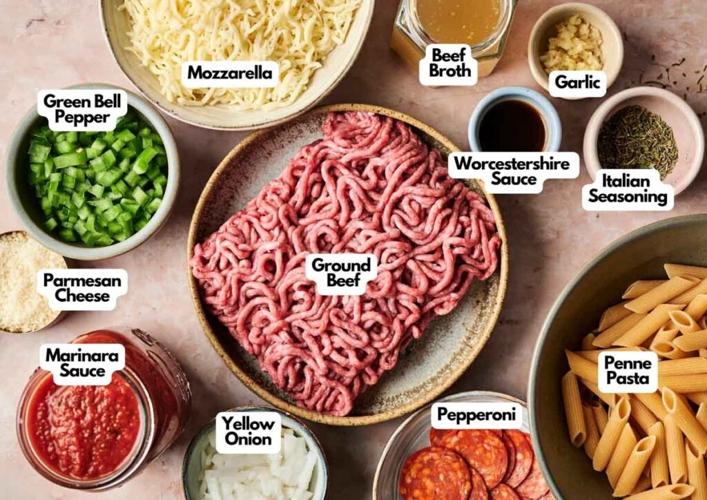 Ingredients for a pizza casserole include ground beef, penne pasta, marinara sauce, mozzarella, pepperoni, green bell pepper, yellow onion, garlic, beef broth, Parmesan cheese, and seasonings.