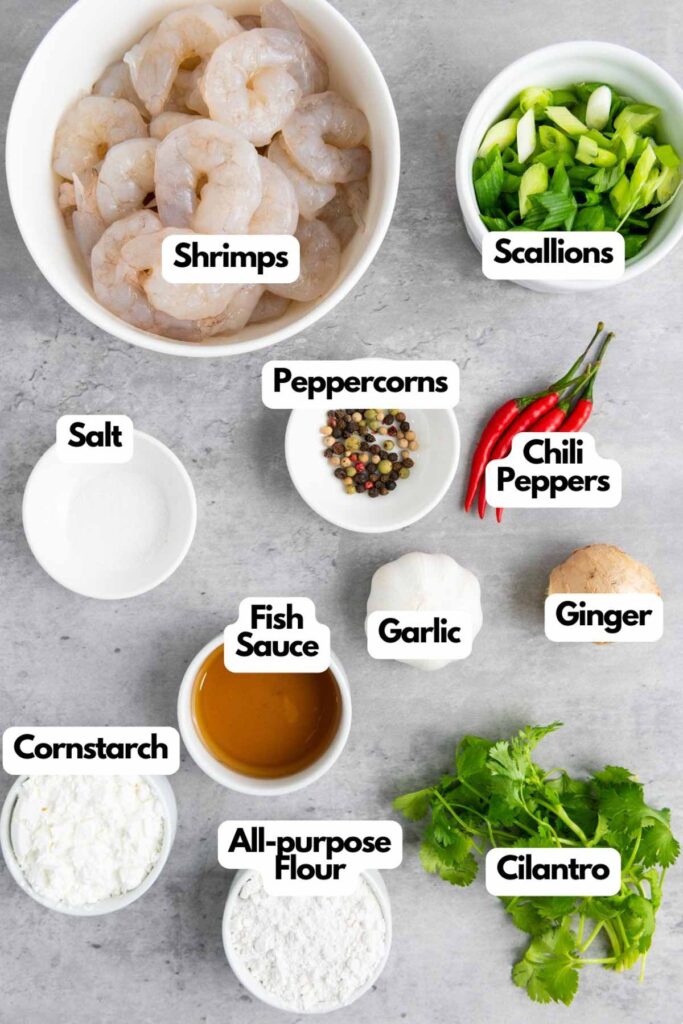 Ingredients for cooking: shrimps, scallions, peppercorns, chili peppers, salt, fish sauce, garlic, ginger, cornstarch, all-purpose flour, and cilantro arranged on a gray surface.