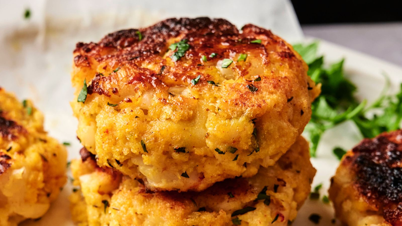 Close-up of golden-brown crab cakes stacked on a plate, garnished with chopped herbs and set on a white paper.