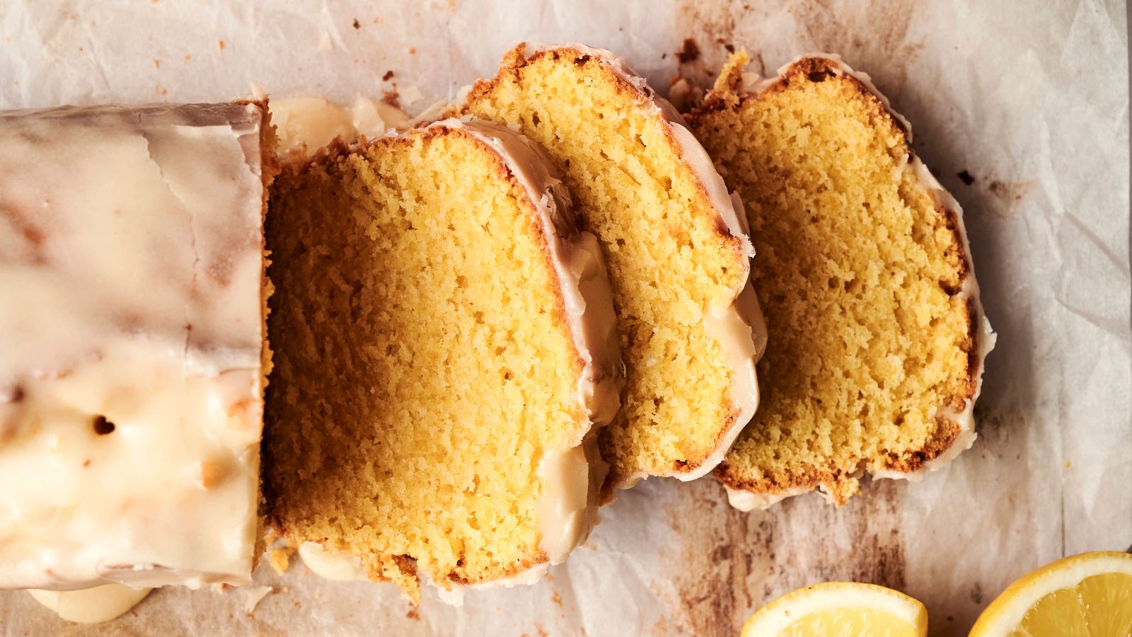 Sliced lemon cake with glaze on parchment paper, next to lemon slices.