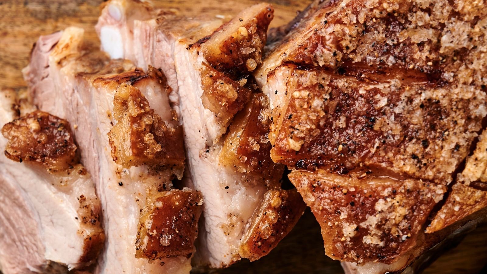Sliced roast pork with crispy, golden-brown skin on a wooden surface.