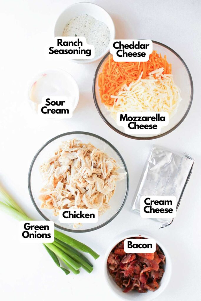 The ingredients for Crack Chicken Dip are neatly organized on a white surface in labeled bowls, featuring ranch seasoning, cheddar and mozzarella cheese, sour cream, cream cheese, shredded chicken, green onions, and crispy bacon.