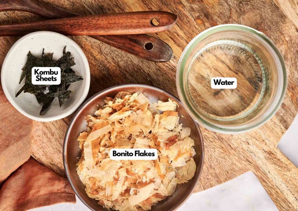 A bowl of bonito flakes, a small dish of kombu sheets, and a glass of water on a wooden surface—classic ingredients for homemade dashi—each labeled with text.