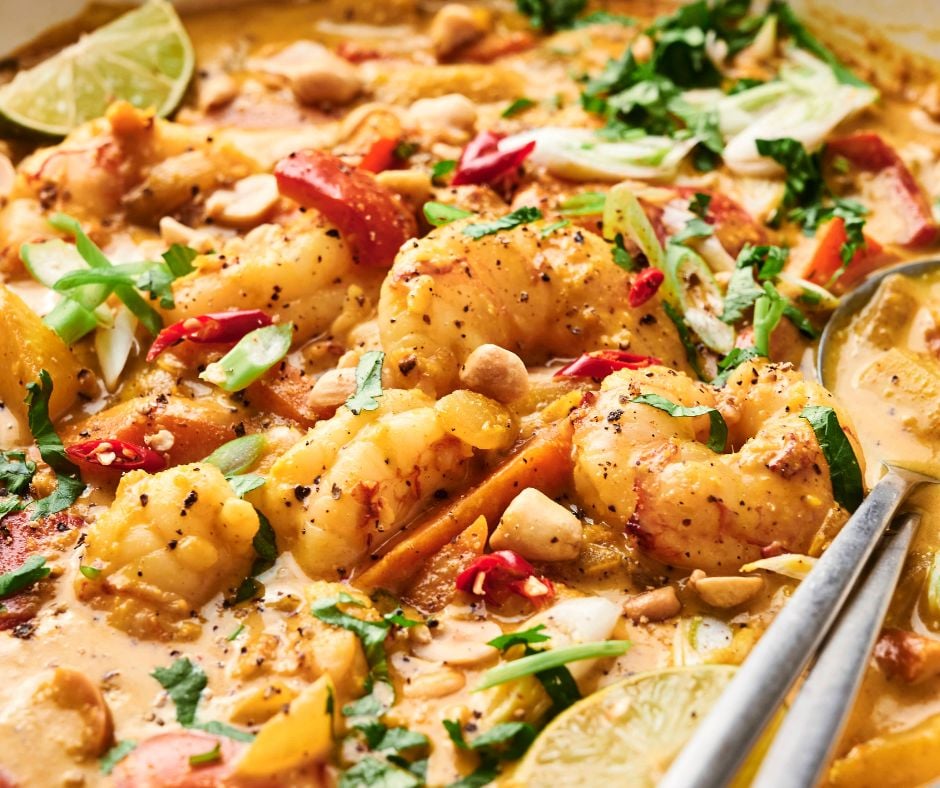 A close-up of a creamy shrimp Massaman curry with visible shrimp, lime slices, red peppers, green onions, cashews, and herbs, garnished with black pepper and spices.
