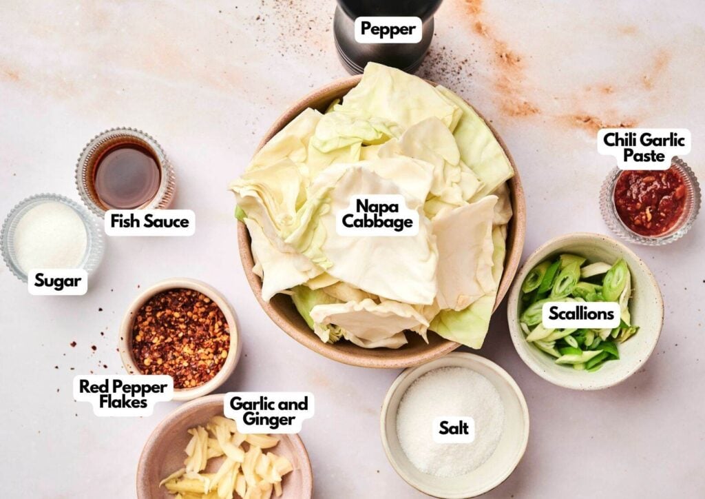 Bowls containing classic kimchi ingredients—napa cabbage, scallions, garlic and ginger, red pepper flakes, sugar, fish sauce, chili garlic paste, salt, and a pepper grinder—are arranged on a light surface.