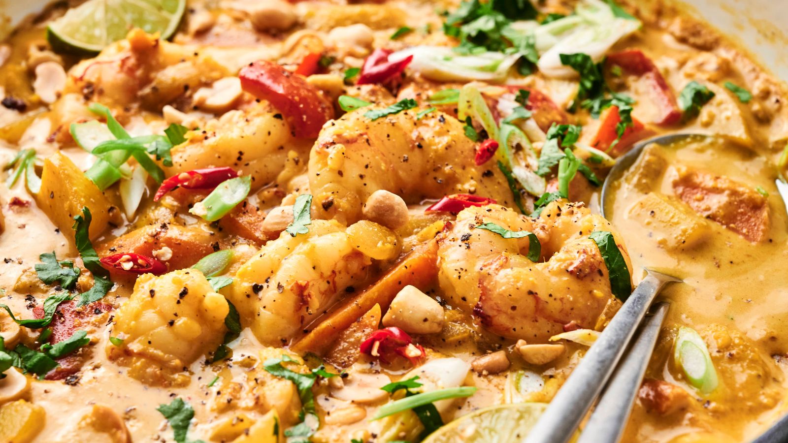 A creamy shrimp curry with peppers, chopped nuts, sliced green onions, red chili slices, and lime wedges. Metal spoon submerged in the dish.