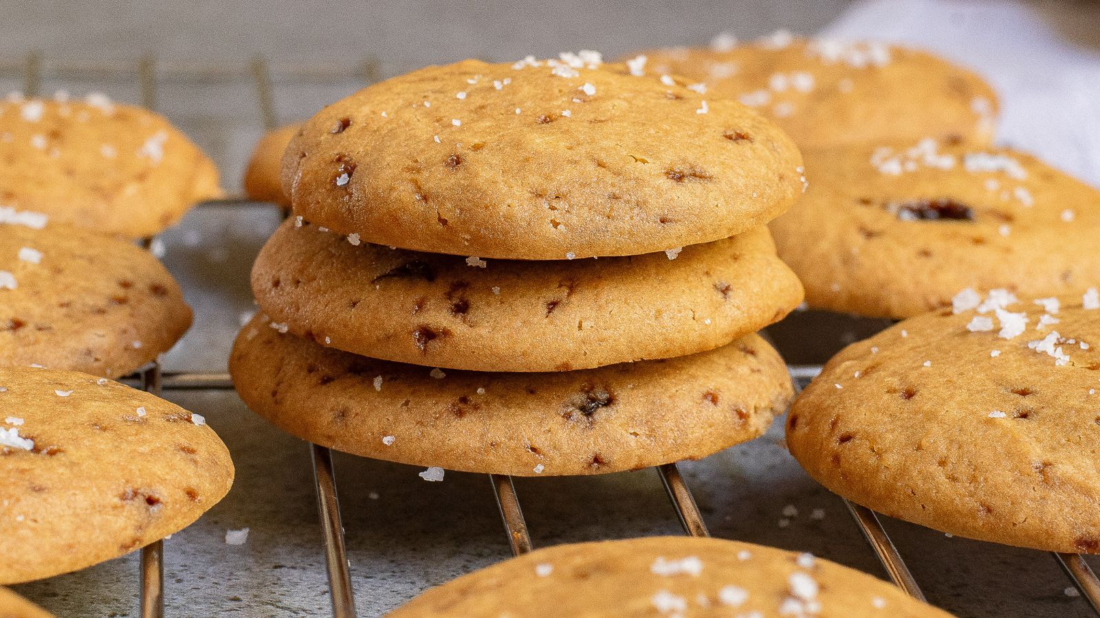 A stack of three round, golden-brown cookies with chocolate flecks and a sprinkle of salt on top, resting on a cooling rack with more cookies around them.