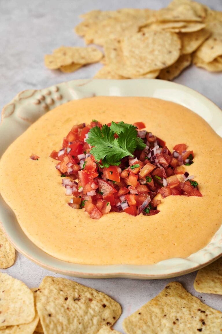 A bowl of creamy queso dip adorned with diced tomato salsa nestles in the center, garnished with cilantro. Tortilla chips are scattered around the bowl on a light surface.