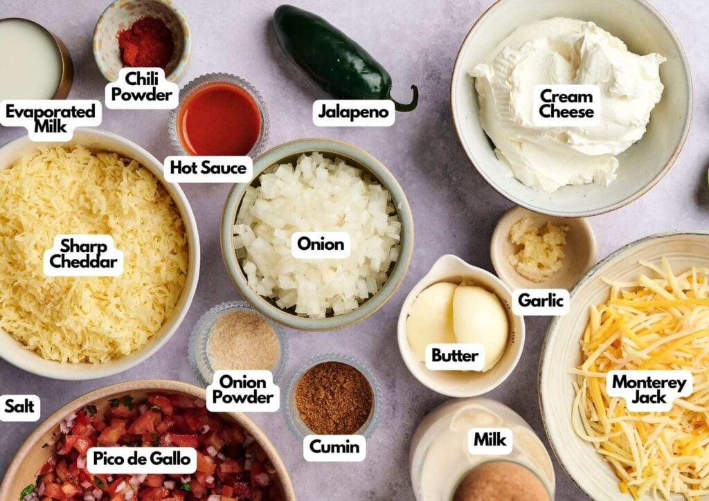 A variety of labeled ingredients for Queso Dip are arranged on a countertop, including chopped onion, cheeses, jalapeno, spices, pico de gallo, dairy products, and garlic.