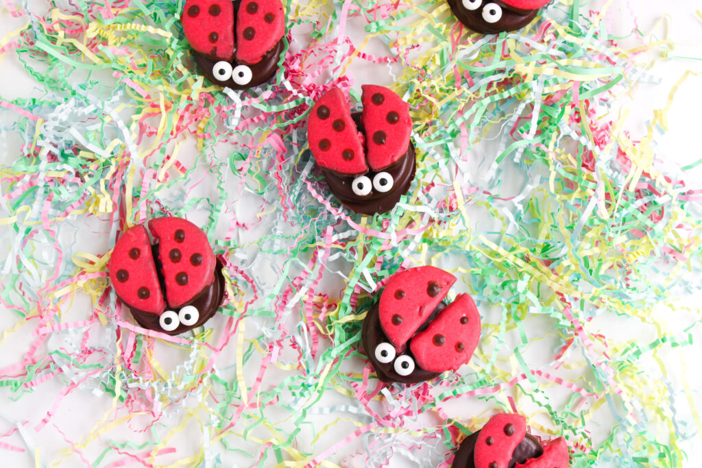 Ladybug Chocolate Covered Oreos with candy eyes are arranged on a white surface, surrounded by colorful shredded paper for a whimsical touch.