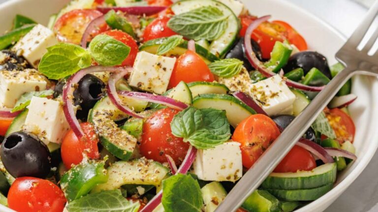 A bowl of Greek salad with cherry tomatoes, cucumbers, red onions, black olives, feta cheese, and fresh mint leaves, seasoned with herbs.