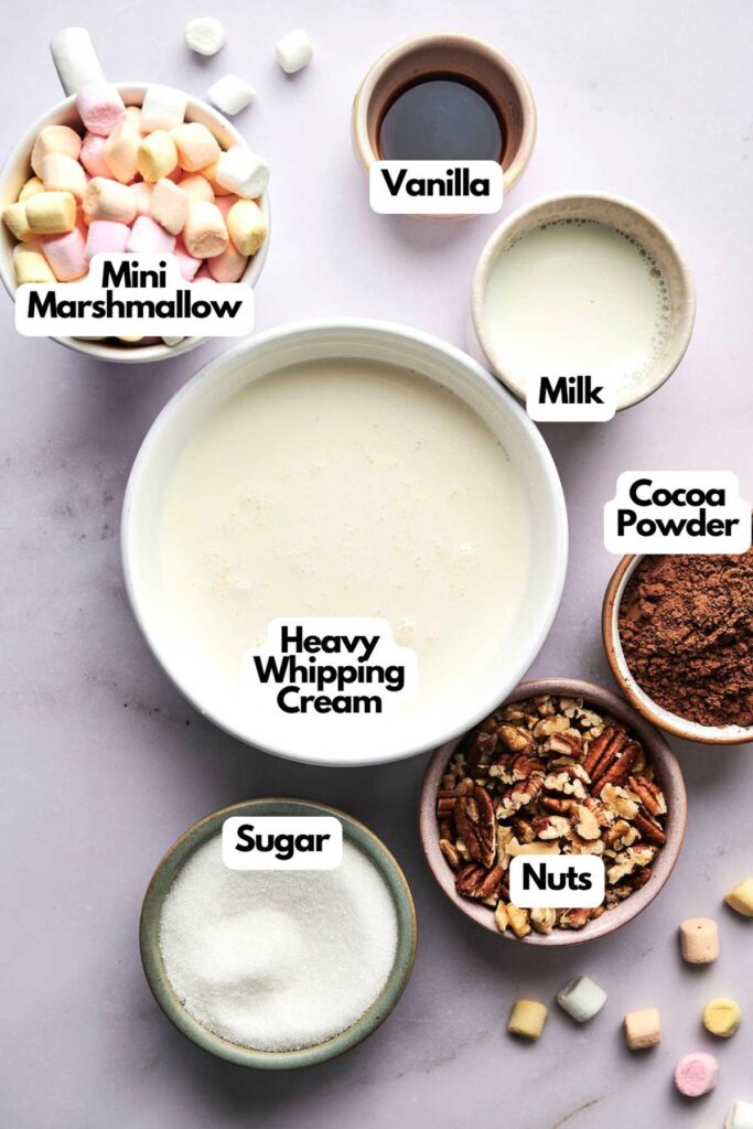Top-down view of ingredients in bowls for a rocky road ice cream recipe, featuring mini marshmallows, vanilla, milk, heavy whipping cream, cocoa powder, sugar, and mixed nuts.