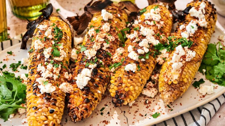 Four grilled corn cobs on a plate, topped with crumbled cheese, chopped herbs, and spices, with cilantro garnish on the side.