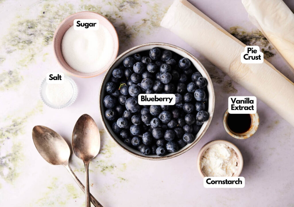 Overhead view of blueberry pie ingredients&mdash;blueberries, pie crust, sugar, salt, vanilla extract, and cornstarch&mdash;all clearly labeled and arranged on a light surface with two spoons. Perfect setup for making delicious blueberry pie.