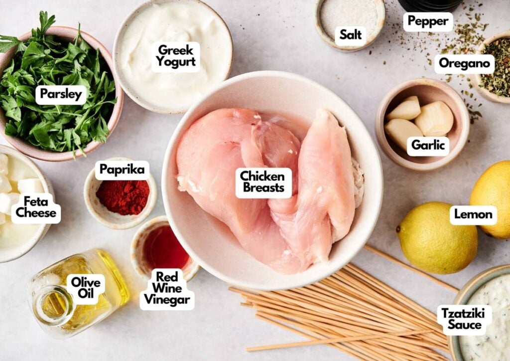 A bowl of raw chicken breasts for Greek chicken kebobs is surrounded by labeled ingredients including Greek yogurt, parsley, feta cheese, paprika, olive oil, red wine vinegar, tzatziki sauce, garlic, oregano, salt, pepper, and lemon.