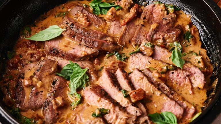 Sliced steak in a creamy sauce with fresh basil leaves in a black skillet.