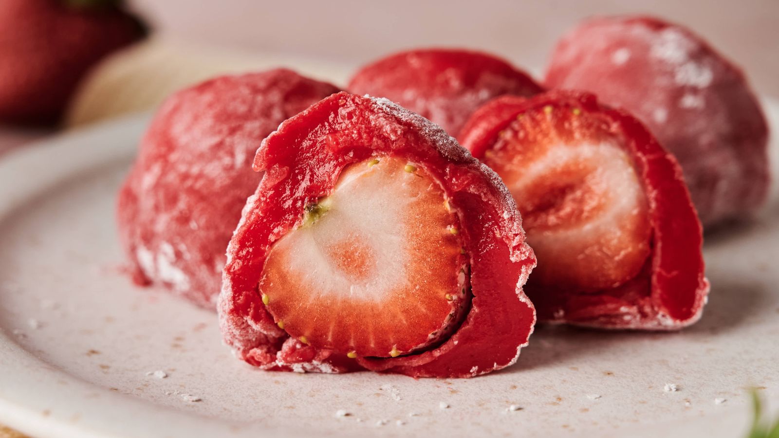 Strawberry ice cream with a slice cut out.