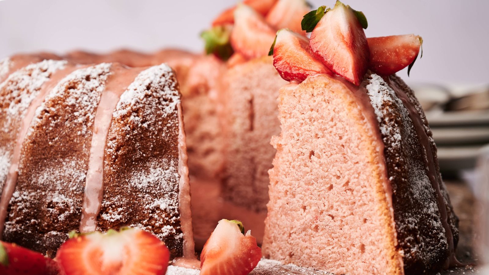 A sliced bundt cake with a pink interior, topped with powdered sugar, glaze, and fresh strawberries.