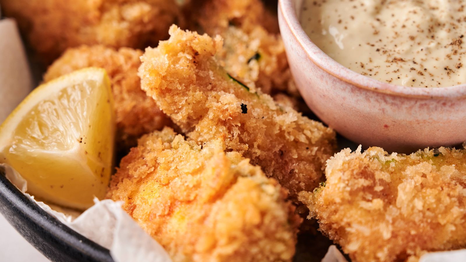 Close-up of breaded fried food pieces with a lemon wedge and a bowl of creamy dipping sauce seasoned with black pepper.