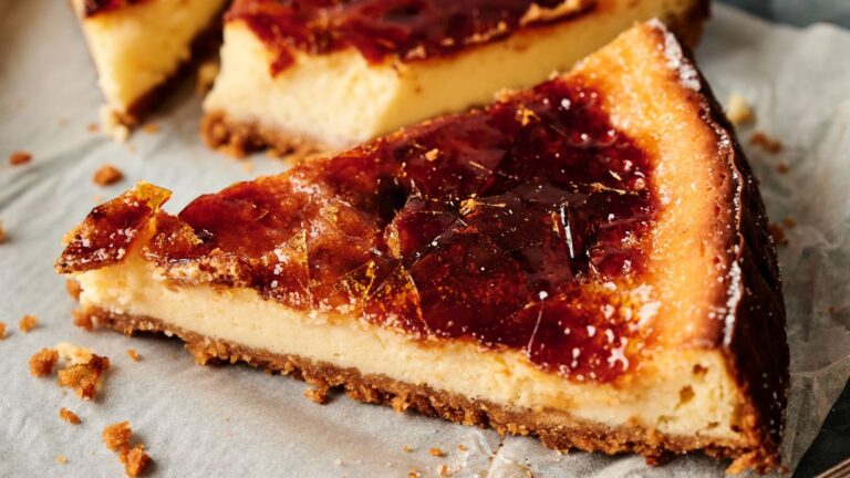 A close-up of a slice of cheesecake with a caramelized sugar topping and a crumbly biscuit base, resting on parchment paper.