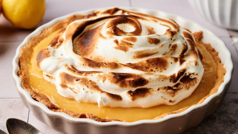 A lemon meringue pie with a golden-brown toasted meringue topping in a ceramic pie dish, sitting on a light-colored surface.