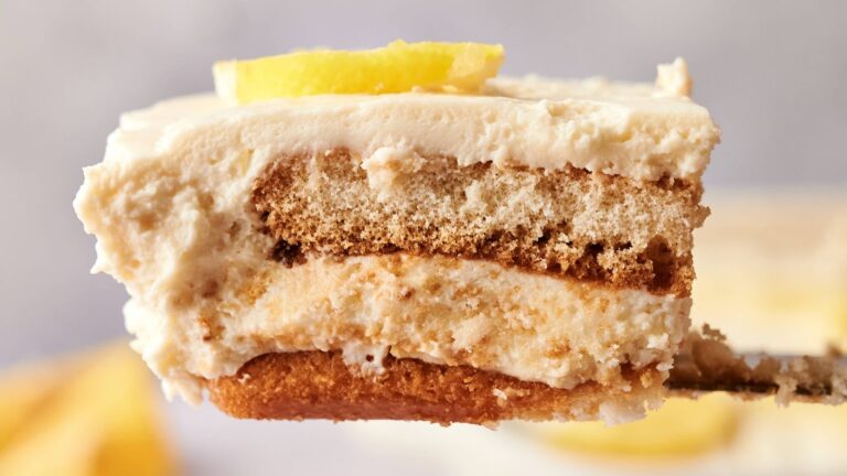 A close-up of a slice of layered tiramisu dessert with creamy filling, sponge cake, and a lemon slice garnish on top.